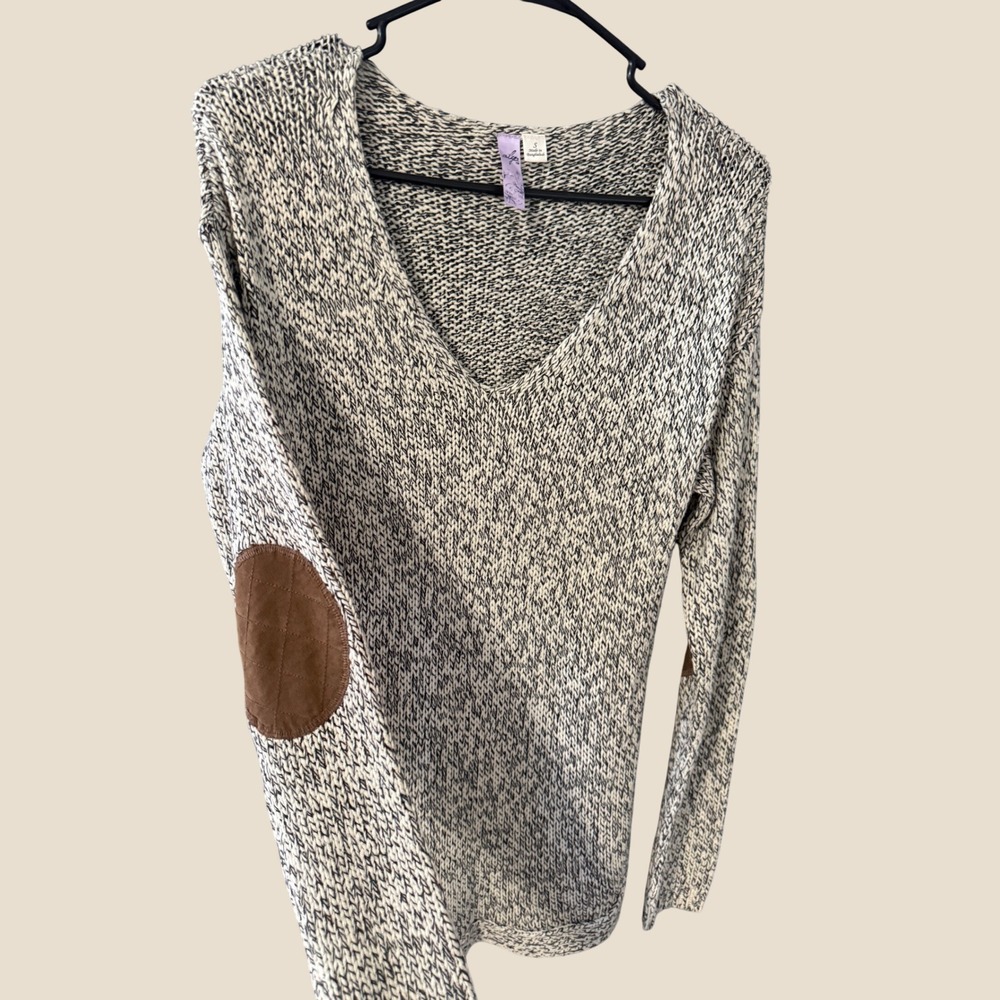 Alibi Womens V-Neck Marled Knit Sweater Black White Brown Elbow Patches Small